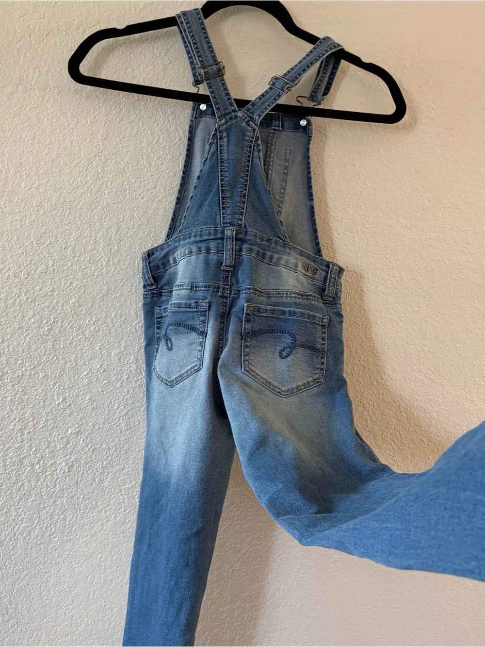 Justice girl size 8 Blue Denim Overalls Jeans with Lace Pocket Detail mid rise